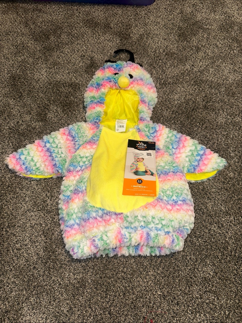 Plush NWT Rainbow Hooded Ostrich Kids Costume with Yellow Belly Size 0-6 months